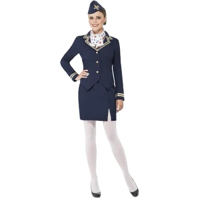 Image de Smiffys Costume d&#039;hôtesse de l&#039;air, bleu, avec veste, jupe, écharpe et coiffe
