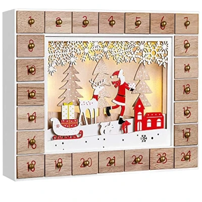 Image de Spielwerk® Calendrier de l&#039;Avent Père Noël à remplir LED Blanc Chaud 3D fenêtre 24 Portes Enfants DIY décoration en Bois