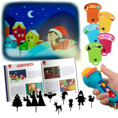 Image de Nene Toys Livre de Contes Noël Interactif avec Projecteur &amp; Marionnettes d’Ombres Histoires Magiques Kit Théâtre pour Enfants 3+ Ans 5 Langues Idéal Le Coucher