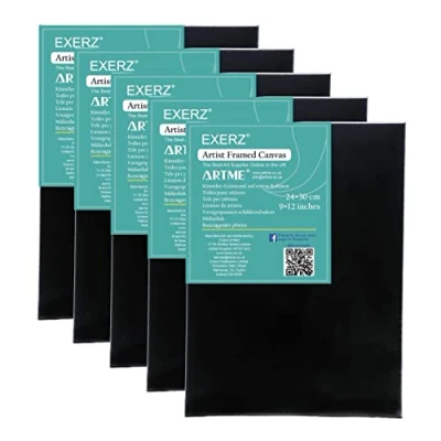 Image de Exerz Lot de 5 toiles encadrées noires 24x30cm 1,7 cm Toile pré tendue 100% coton 280 g/m² Triple apprêt/sans acide/grain moyen Peinture acrylique professionnelle à l&#039;huile