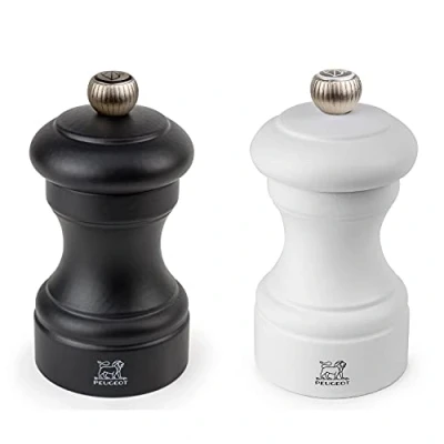 Image de PEUGEOT Bistro Moulin à Poivre + Sel 10 cm Noir Gemme Inclus Réglage Classique En Bois Labellisé PEFC Fabrication Française Coloris et Blanc