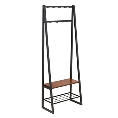 Image de Amazon Basics Porte manteau à 9 crochets avec banc chaussures et rangement 2 niveaux, Noir, 65 x 33 170.1 cm