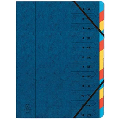 Image de Exacompta Réf. 54122E 1 trieur dos agrafé avec élastiques couverture imprimée en carte lustrée et intérieur recyclée 12 compartiments dim 24,5x 32 cm pour A4 couleur bleu