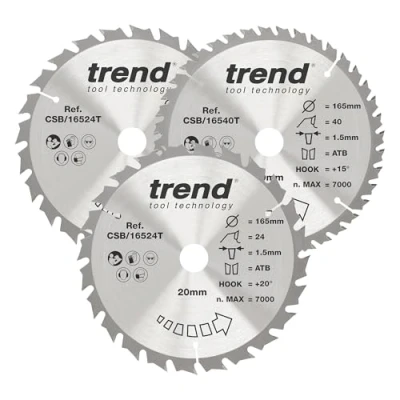 Image de Trend Lame de Scie Circulaire sans Fil pour Boiss, 165 mm Diamètre, 20 d&#039;Alésage, 24 &amp; 40 Dents, TCT, 1,5 Trait Scie, +15 Crochet, CSB/165/3PK/C