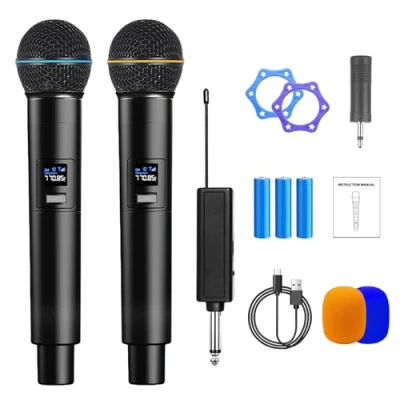 Image de Microphone Sans Fil,Double Portable Micros Dynamiques Avec Récepteur Rechargeable,Micro Dynamique A Main Double,Microphones Fil Pour Karaoké,Fête,Réunion