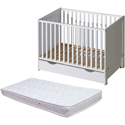 Image de ATB Lit Bébé avec Matelas 60x120 cm Bebe tiroir Trois Niveaux de Hauteur pour Chambre Blanc
