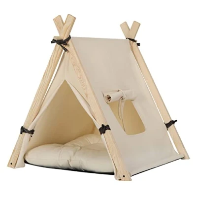 Image de EUGAD Niche pour Chat 60x60x70cm, Chien, Maison Chat, Tipi Tente Blanc