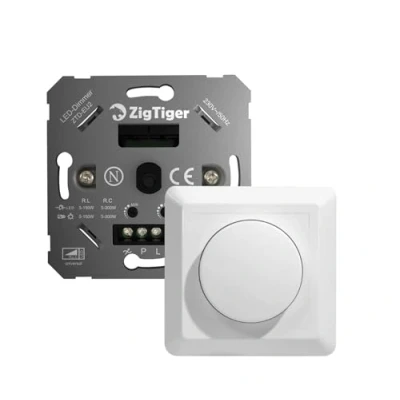 Image de Zigtiger Interrupteur de gradation des LED, variateur rotatif encastré pour LED dimmables et halogène 3100 W, sans griffes serrage, garantie 3 ans