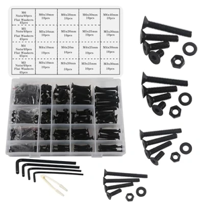 Image de huruirui M3 M4 M5 M6 Jeu de Vis Boulons et Écrous, 500Pièces Noir Hex Socket Head Cap à Tête Plate,Filetage Machine Écrous Ensemble Outils Assortiment Kit