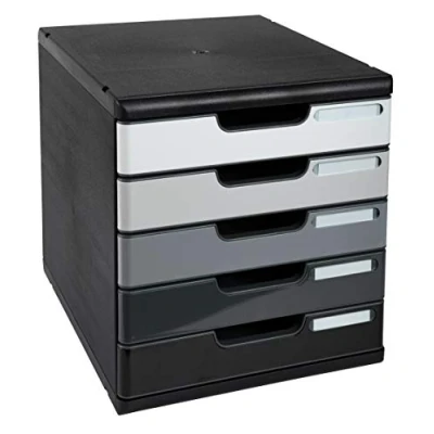 Image de Exacompta Réf. 301794D MODULO A4 Caisson 5 tiroirs fermés pour documents A4+, Dimensions extérieures : Profondeur 35 x largeur 28,8 Hauteur 32 cm Noir/dégradé de gris