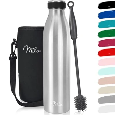 Image de Milu Gourde en acier inoxydable 350 ml 500 ml, 750 1000 1,5 l bouteille isotherme, d&#039;eau isolée, double paroi anti fuite, convient aux acides carboniques (Noir, 750ml)
