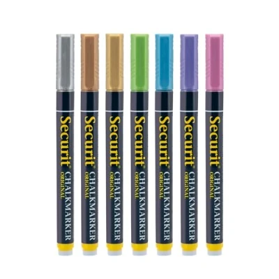 Image de Securit Lot de 7 marqueurs à craie métallique, multicolore, vert/bleu/violet/rose/marron/or/argent ; petite pointe 1 2 mm BL SMA100 V7 MT
