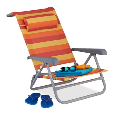 Image de Relaxdays Chaise Longue Pliante, réglable, transat de Plage avec Repose tête, accoudoirs, Jaune/Rouge/Orange, Multicolore, 1 élément