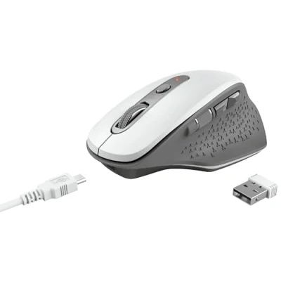Image de Trust OZAA Souris sans Fil Rechargeable Récepteur USB Plug and Play, Ergonomique, 6 Boutons Dont 2 Silencieux, 800/1200/1600/2400 PPP, Portée 10m, pour Ordinateur/Portable/PC/Mac Blanc