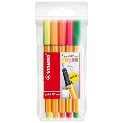 Image de STABILO Pochette de 5 Stylo Feutre POINT 88 MINI Pointe Fine 0,4 mm FLUO couleurs assorties NOUVEAU