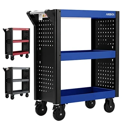 Image de Arebos Chariot de Service 3 Compartiments d&#039;atelier à Outils pour Le Transport et Stockage Plateaux Multifonctions Multi usages Bleu/Noir
