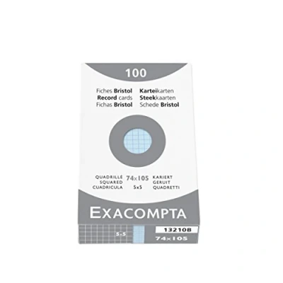 Image de Exacompta Réf. 13210B Étui de 100 fiches bristol quadrillées 5x5 non perforées format 74 x 105 mm compatibles avec imprimante jet d&#039;encre, laser et photocopieur couleur azur