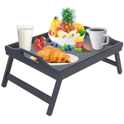 Image de Mosii plateau de lit en bambou gris avec poignées et pieds pliables, multifonction bureau debout pour petit déjeuner au lit, canapé, manger, dessin, ordinateur portable à goûter