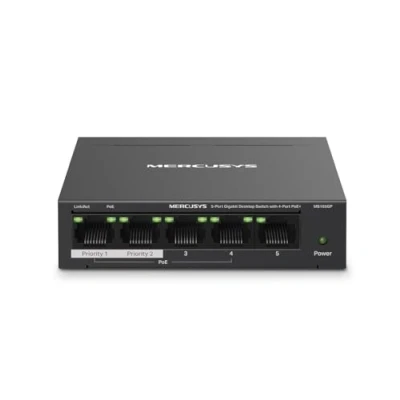 Image de MERCUSYS MS105GP TP Link Switch PoE 5 Ports Gigabit, 65W pour Tous Les PoE, 4 PoE+ 30W 802.3af/at, Ethernet, RJ45, Boitier Métal, Multiprise Brancher et Utiliser