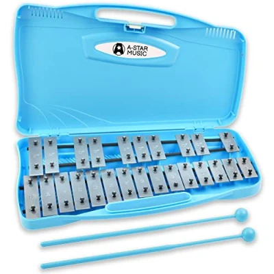 Image de A Star Xylophone Glockenspiel Soprano Chromatique à 25 Notes dans un Boîtier Bleu avec Clés Argentées et Deux Battes en Plastique 2 Octaves G5 G7