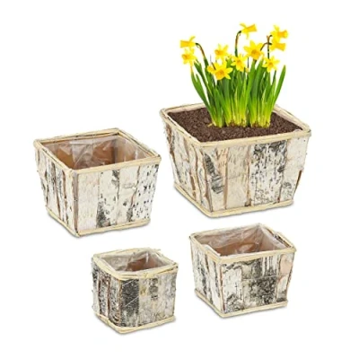 Image de Relaxdays 4 Pots de Fleurs carrés, chacun ayant Une Taille différente et Un Film, intérieur/extérieur, Blanc/Nature