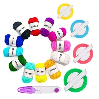 Image de Pompom Makers, 4 Tailles de Tissage Pour Fabriquer des Pompons Boule Maker Pattern Tricot Craft Outil Peluches Weaver DIY+ 12PCS Fil acrylique + 1PCS ciseaux (17)