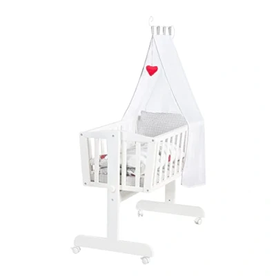 Image de roba Berceau Complet Adam et Eule 40 x 90 cm avec Fonction Basculante Fixe Équipement Textile Inclus Bois Laqué Blanc Motif Chouette