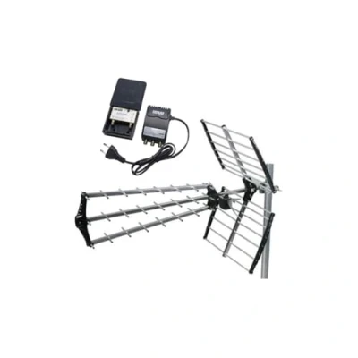 Image de HDSAT Pack ANTENNE TNT TRINAPPE Gain 18dB UHF rateau + Kit Preamplificateur de Mat 5G Alim 12V 2 Sorties 38dB