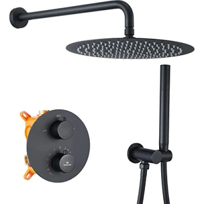 Image de HOMELODY Systèmes de Douche Noir Encastré Ensemble Thermostatique 38℃,Colonne Encastrable Colonne y Tête 12 Pouces,Compris Douchette,Corps en Laiton