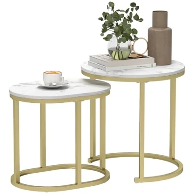 Image de Lot de 2 tables basses HOMCOM encastrable structure en acier et plateau bois aspect marbre ronde ovale or