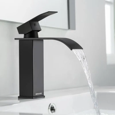 Image de BONADE Robinet Lavabo Cascade Noir, Salle Bain Noir avec l&#039;Eau Froide et Chaude Disponible, Mitigeur Inox 304 de Super Qualité, Robinetterie Bains Design Elégant