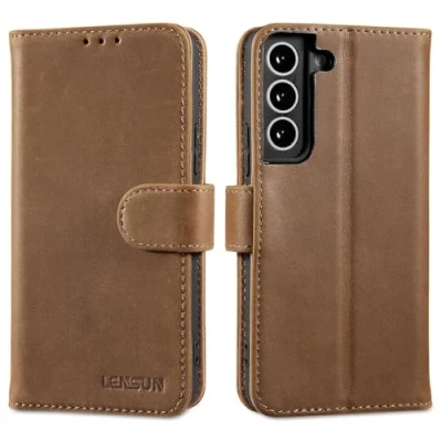 Image de LENSUN Coque pour Samsung Galaxy S22 5G, Étui à Rabat en Cuir Véritable Portefeuille Housse [RFID Blocage] avec Rangements Cartes Marron Foncé Rétro