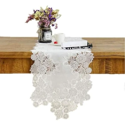 Image de Chemin de table en dentelle blanche avec broderie florale pour commode, écharpe, manteau, étagère, napperon, mariage, salle à manger, fêtes et rassemblements., Voir image, 35x180cm
