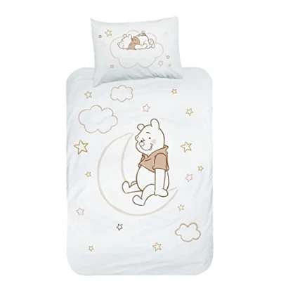 Image de MTOnlinehandel parure de lit Winnie l&#039;ourson en flanelle, 1 taie d&#039;oreiller 40 x 60 cm + housse couette 100 135 cm, pour enfant l&#039;ourson, lune et étoiles