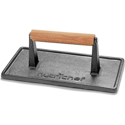 Image de Nutrichef Presse à Griller en Fonte Burger Steak Haché PoêleRobuste avec Poignée Bois Accélère le Temps de Cuisson pour Steak, Galette deBurger, Viandes, Bacon et Plus