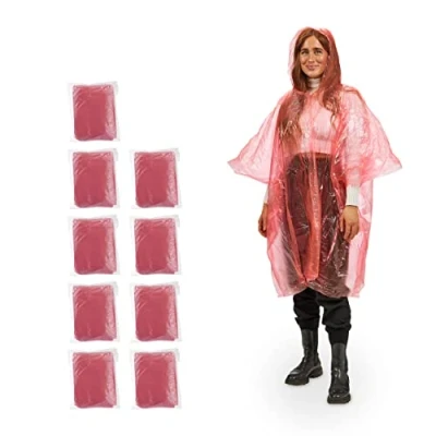 Image de Relaxdays Ponchos imperméables jetables, Lot de 10, ciré avec Capuche, Contre la Pluie, randonnée, Unisexe, Rouge