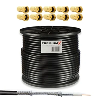 Image de Premium X 100m câble coaxial SAT d&#039;antenne noir 4 voies blindé pour 135dB DVB S / S2 C et T BK + 10x F Plug de haute qualité