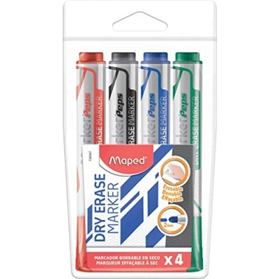 Image de Maped Marqueurs effaçables à sec, pochette x 4 Bleu, noir, rouge,vert Pointe ogive large 2mm Tableaux blancs, ardoises et surfaces non poreuses