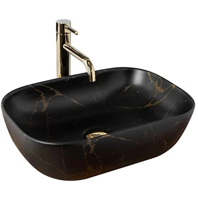 Image de Rea Vasque À Pose Belinda Black Marble Mat, Pour Salle De Bain, En Céramique, Parfaite Comme Lavabo Lave Main Wc, 465 x 335 135 mm, Noire, Effet Marbre