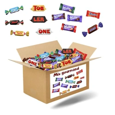 Image de MIX GOURMAND Assortiment de 250 mini chocolats Mars, Snickers, Bounty, Twix, Milka, Daim, Toblerone emballés individuellement 1.9 kgs boite à partager pour les fêtes et anniversaires