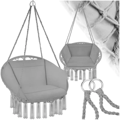Image de tectake® Fauteuil Suspendu Relax Design Intérieur &amp; extérieur, Relax, de Lecture Cocooning 1 Place, Coussin Chaise XXL Moelleux Inclus Gris