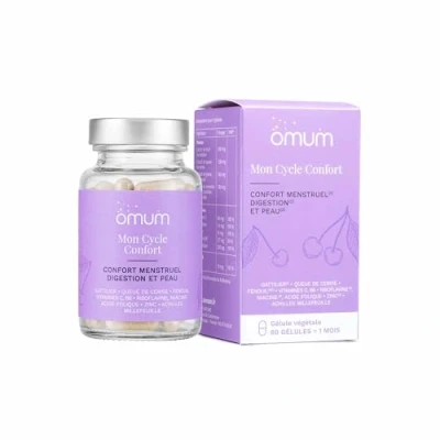 Image de OMUM Complément alimentaire SPM Confort menstruel, digestion et peau nette 60 gélules 1 mois Mon Cycle Soulage douleurs de règles, crampes, ballonnements, acné Naturel, France, Vegan