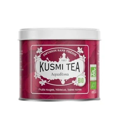 Image de Kusmi Tea AquaRosa Infusion Bio Mélange Aromatisé d&#039;Hibiscus, Baies Noires et Fruits sans Théine À Déguster Chaud ou en Thé Glacé Boîte Métal 100g pour environ 50 Tasses