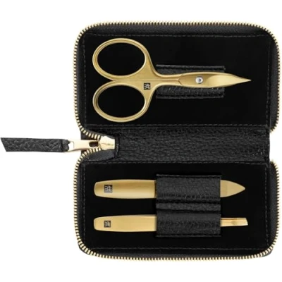 Image de ZWILLING Manucure kit (3 pièces, étui en cuir véritable noir, soin des mains et pieds, set de voyage, avec ciseaux à ongles), Premium, Gold Edition
