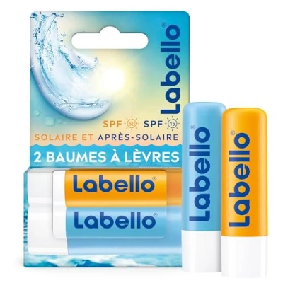 Image de LABELLO Lot de 2 stick lèvres (1 x 5,5 ml), Sun Protect FPS 30 &amp; Hydro Care 15, à protection UVA/UVB hydratation 24 h, baume enrichis en vitamines C E