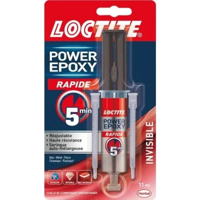Image de Loctite colle Power epoxy Rapide 5 Minutes 11 ml, réajustable, forte résistante avec seringue auto mélangeuse, résine transparente