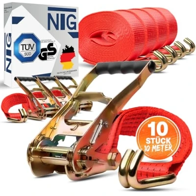 Image de Lot de 10 sangles d&#039;arrimage m longueur Charge maximale : 5000 kg Certifiées TÜV/GS EN deux parties Largeur 50 mm Conforme à la norme DIN 12195 2 Camion Sécurité