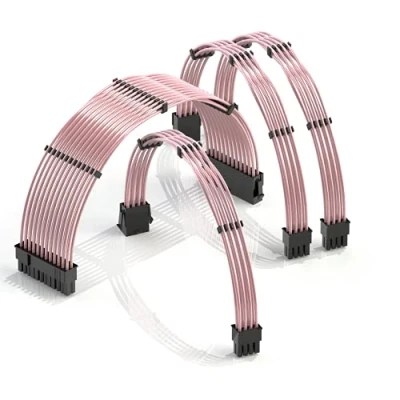 Image de LINKUP 30cm Extension de Câble PSU 18AWG Veste en Téflon Cuivre sans Oxygène Mod Personnalisé GPU PC avec Peigne Pack Unique┃1x24P (20+4)┃1x8P (4+4) CPU┃2x8P (6+2) GPU┃300mm Rose