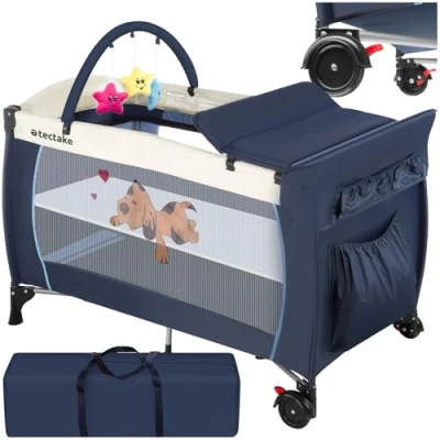 Image de TecTake 800032 Lit Bébé Parapluie Pliant Réglable avec Accessoires + 1 Sac de Rangement, 132 x 75 104 cm diverses Couleurs au Choix (Bleu)