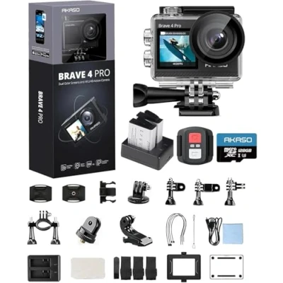 Image de AKASO Brave 4 Pro Action Cam 4K 40M Con Scheda di Memoria U3 da 128GB, Camera Sport 20MP 5X Zoom WiFi 170 Grandangolare Doppio Schermo EIS Stabilizzazione, Touch Screen